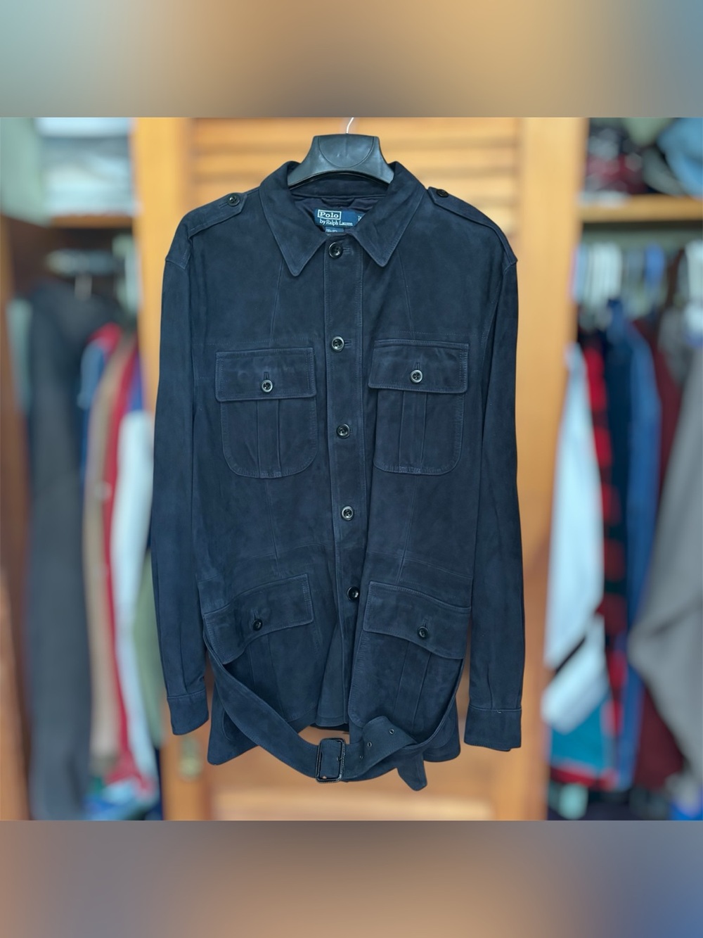 Vintage 90s Polo Ralph Lauren Blue Suede Leather Safari Belted Jacket Coat XL